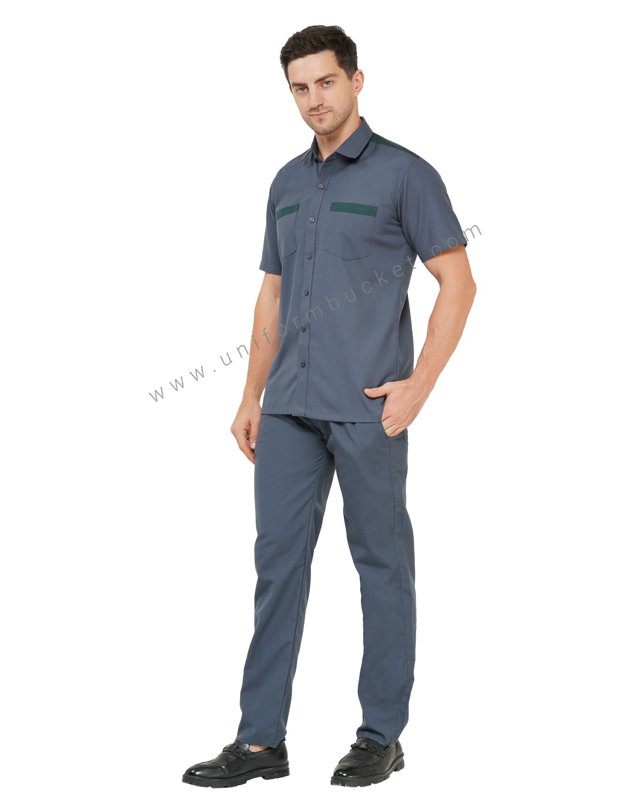 DARK GREY MALE WORKWEAR SHIRT WITH BOTTLE GREEN TRIM thumbnail 5